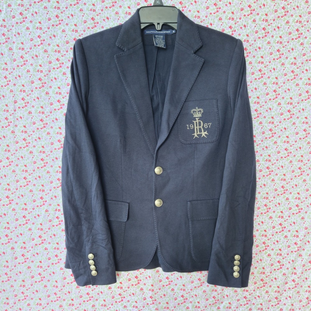 Ralph Lauren Sport Womens Navy Blue Knit Crest Blazer Silver Buttons Size 8